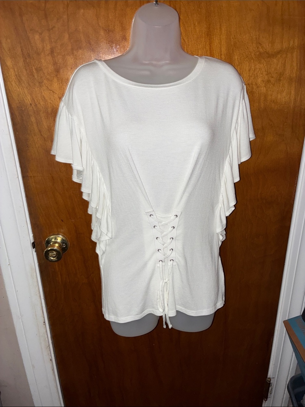 Express White Lace-Up Ruffle Sleeve Short Sleeve Top